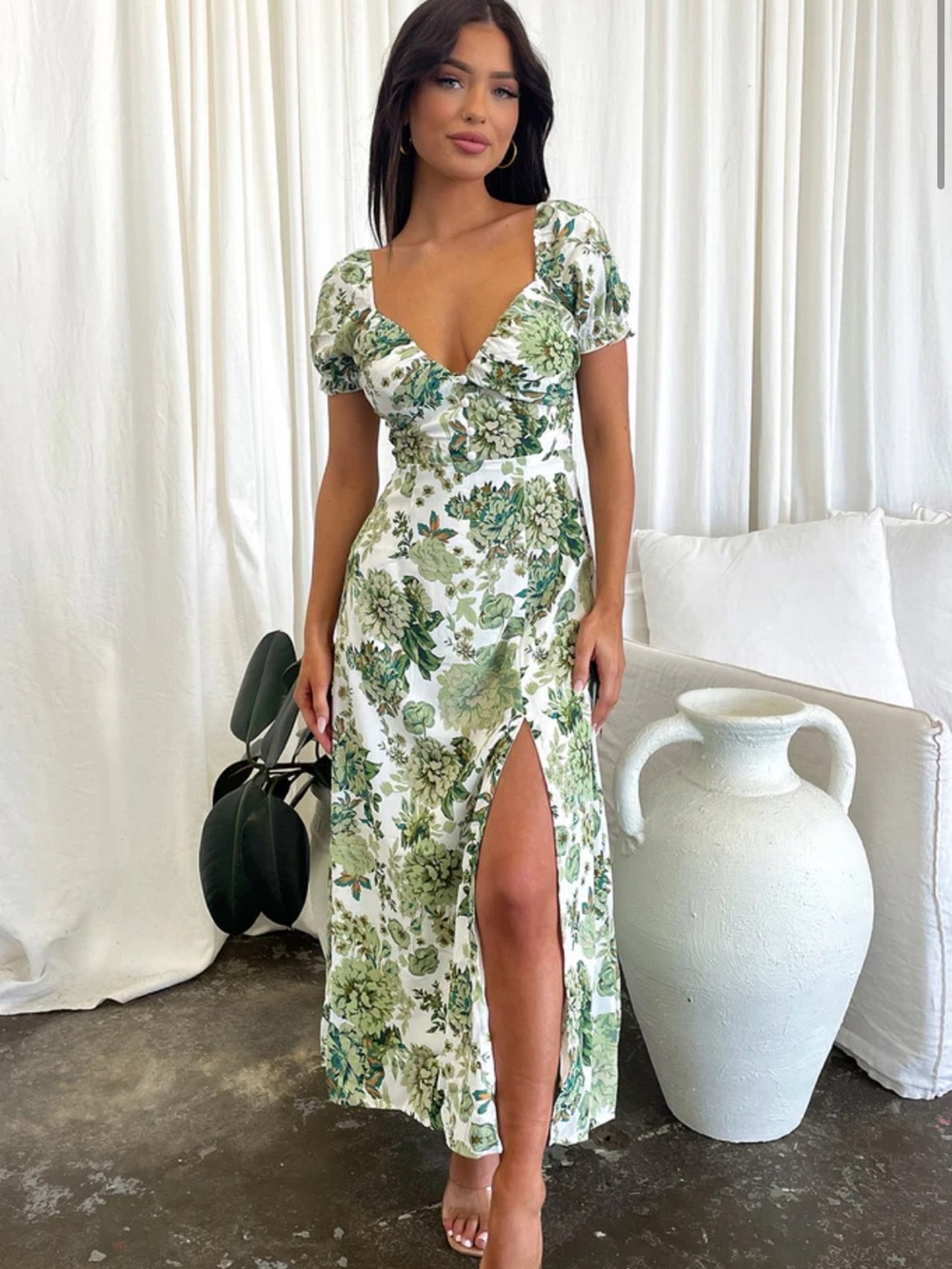 White & Sage Green Floral Puff Sleeve Midi Dress